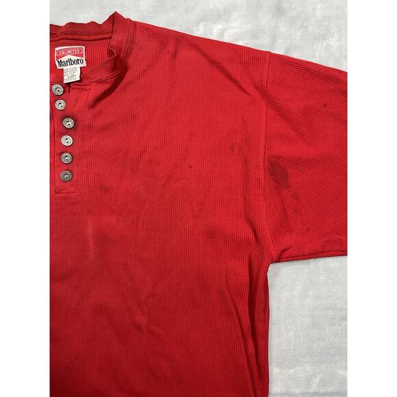 Vintage 90s Marlboro Red Henley Shirt Smoker Grunge Punk XL Cigarette Thrashed - Picture 6 of 16